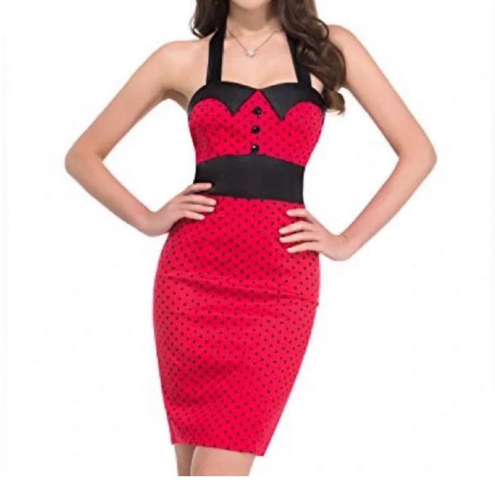 Elegant Red and Black Polka Dot Halter Dress 1950s
